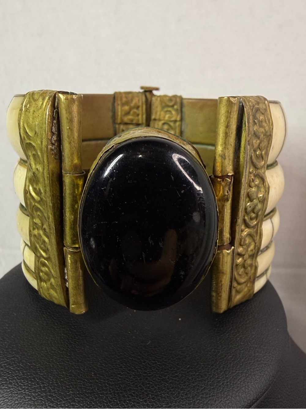 Vintage Black Onyx and Ivory Statement Cuff Bracelet